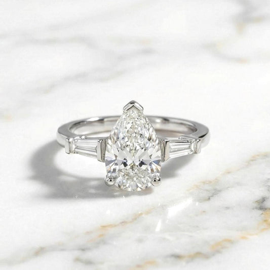 2.5 Ct IGI Certified Pear Lab Diamond Three Stone Engagement Ring
