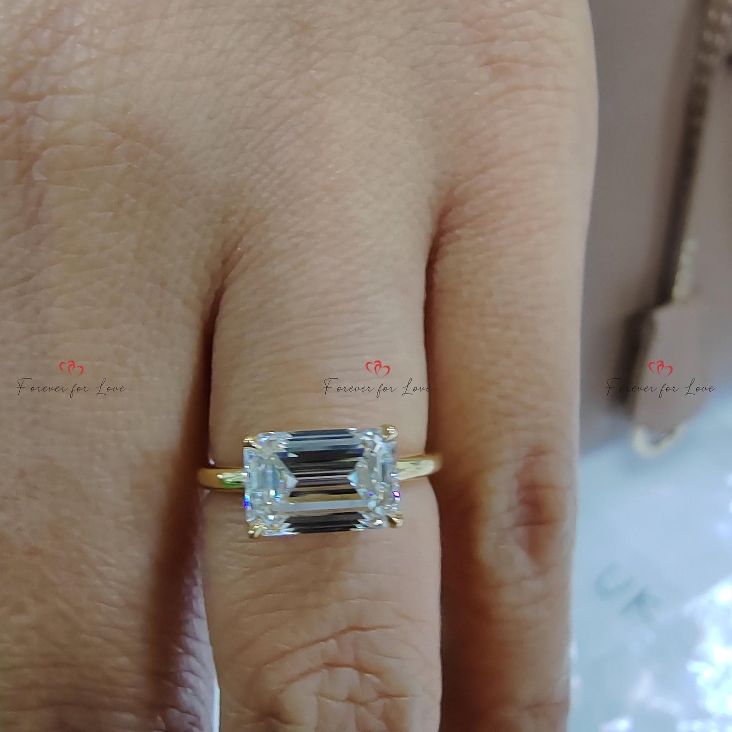 2 Ct IGI Certified Emerald Diamond, Emerald Hidden Halo Engagement Ring Emerald cut 1Ct Moissanite Brilliant Cut engagement ring in 935 Argentium Silver — custom handcrafted by Forever For Love