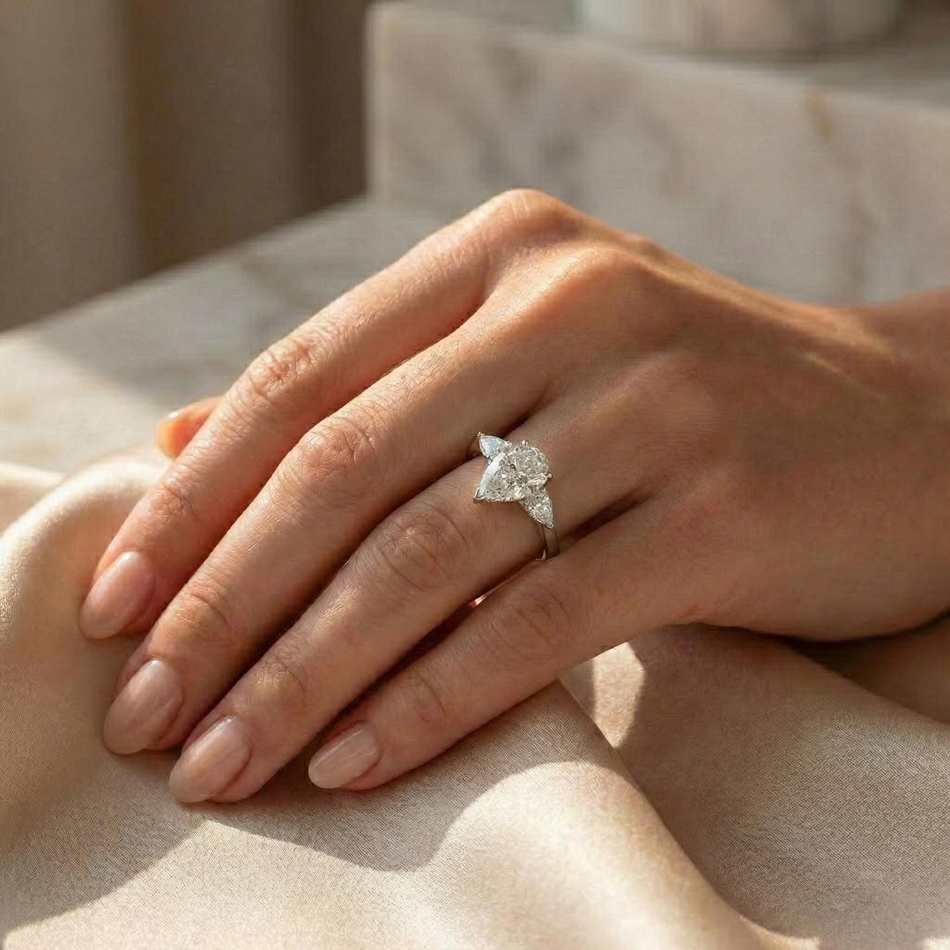 2.5 Ct IGI Certified Pear Lab Diamond Three Stone Engagement Ring