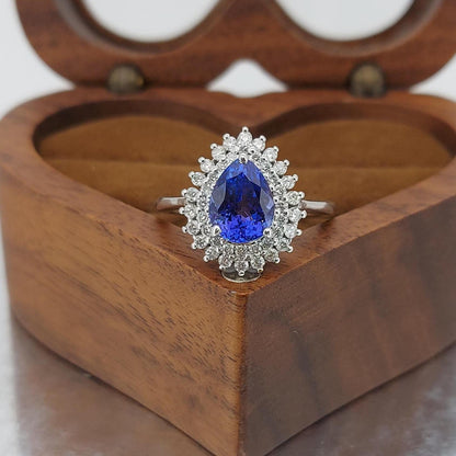1.5 Ct Pear Natural Diamond, Tanzanite Halo Engagement Ring