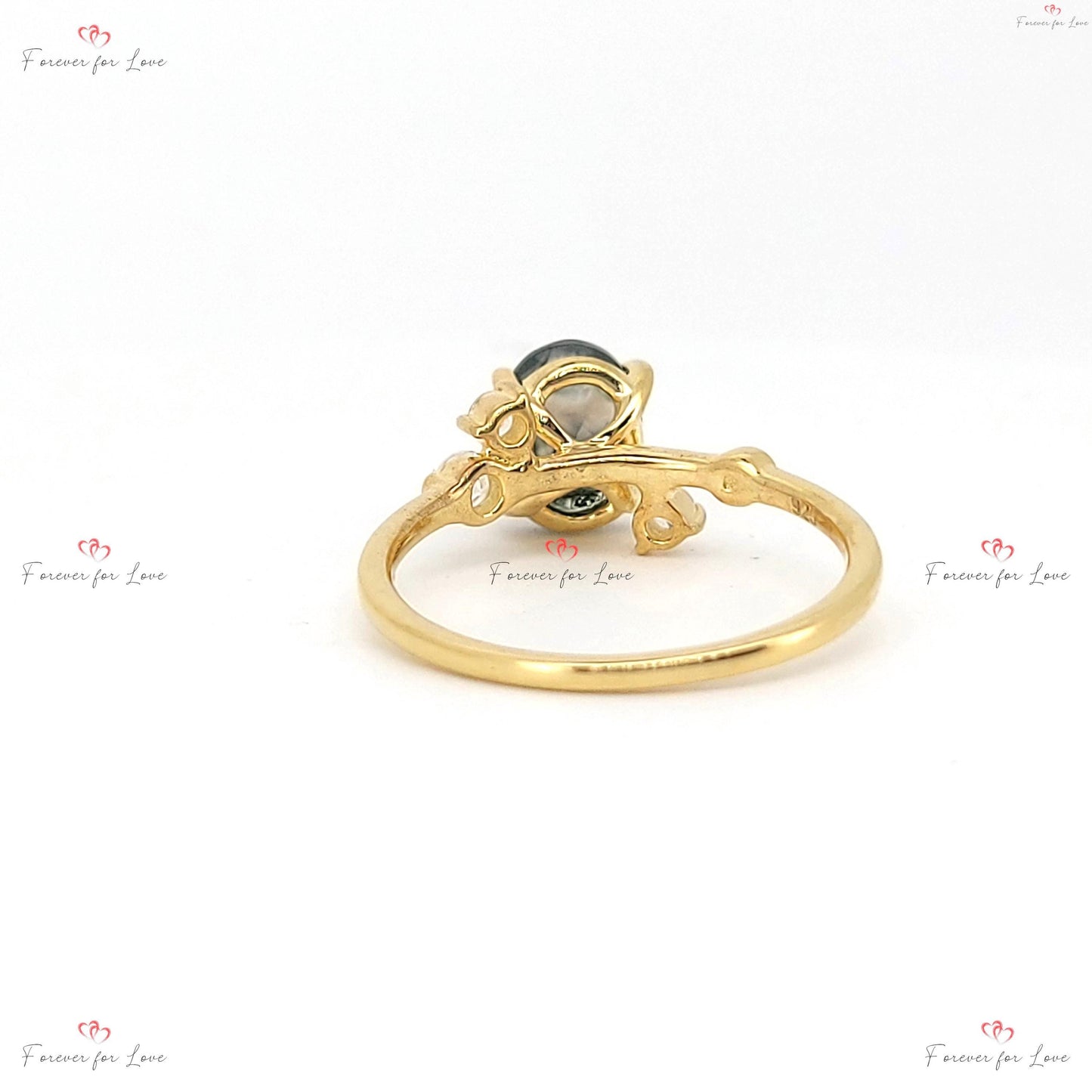 Oval Moss Agate Engagement Ring with Diamond Accents Oval cut Moissanite engagement ring in Gold or Platinum — custom handcrafted by Forever For Love