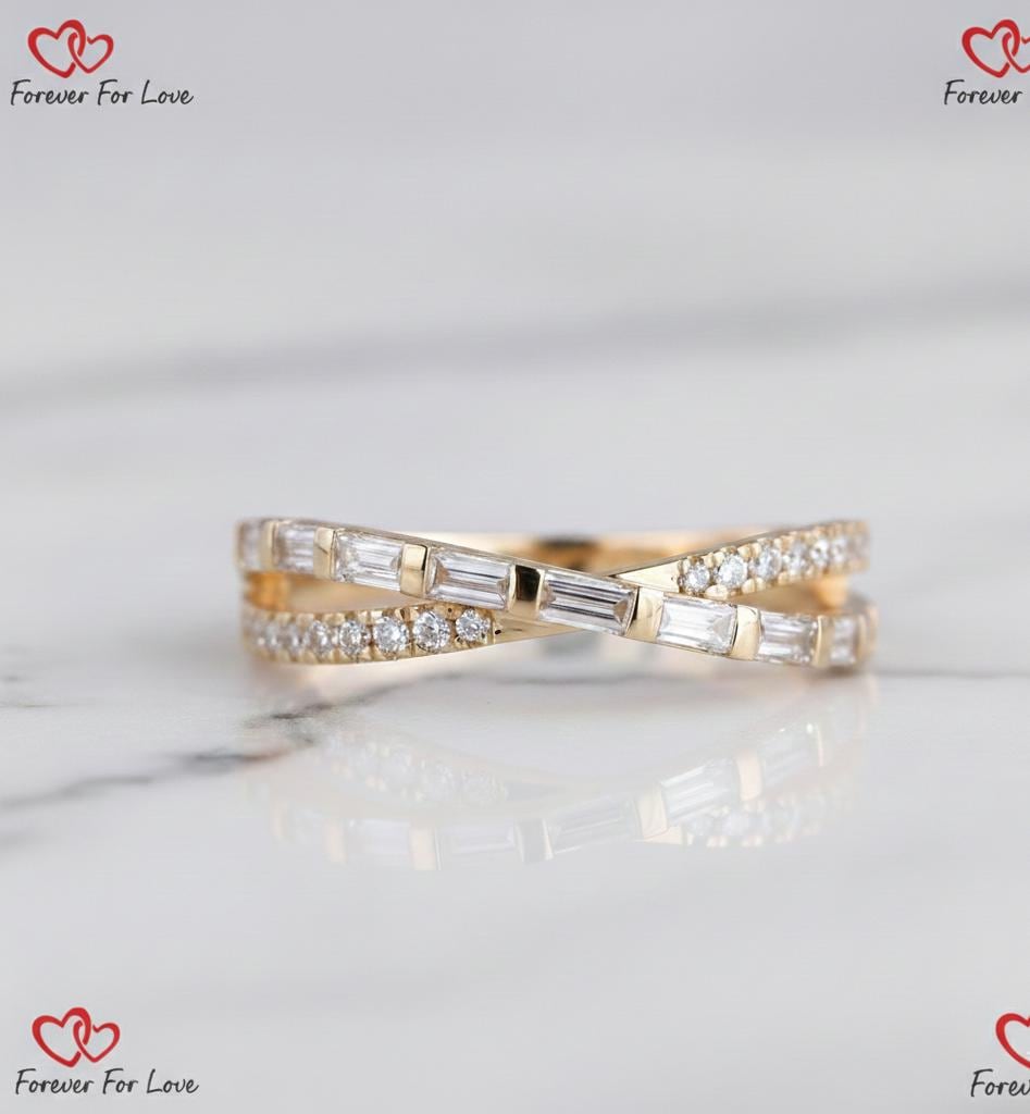 Baguette Lab Diamond Crossover Stacking Ring Baguette cut Moissanite Brilliant Cut engagement ring in 935 Argentium Silver — custom handcrafted by Forever For Love
