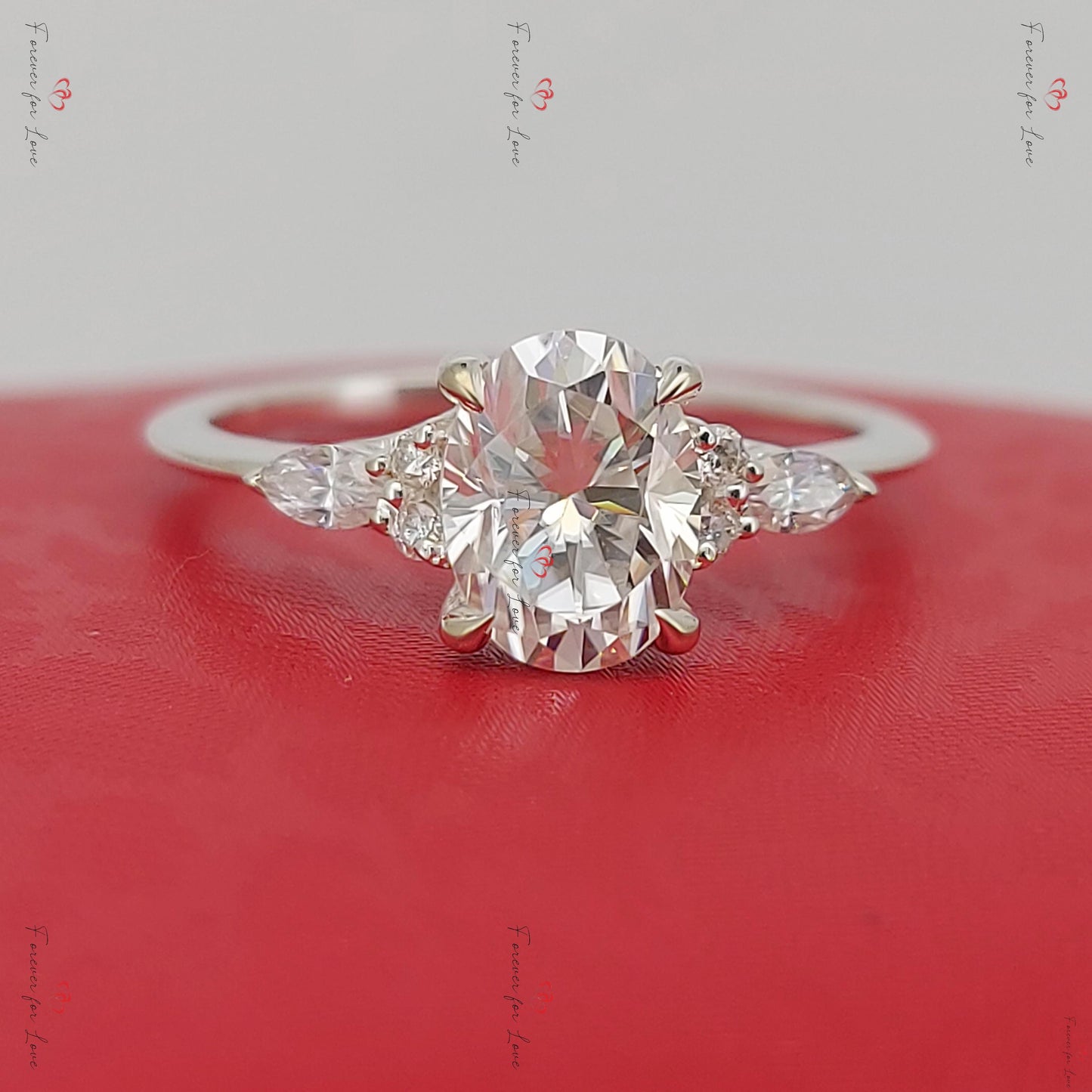 Oval Moissanite Three Stone Engagement Ring Oval cut Moissanite engagement ring in Gold or Platinum — custom handcrafted by Forever For Love