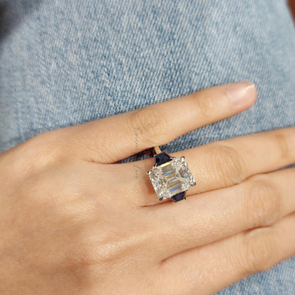 5 Ct Emerald Blue Moissanite, Sapphire Three Stone Ring