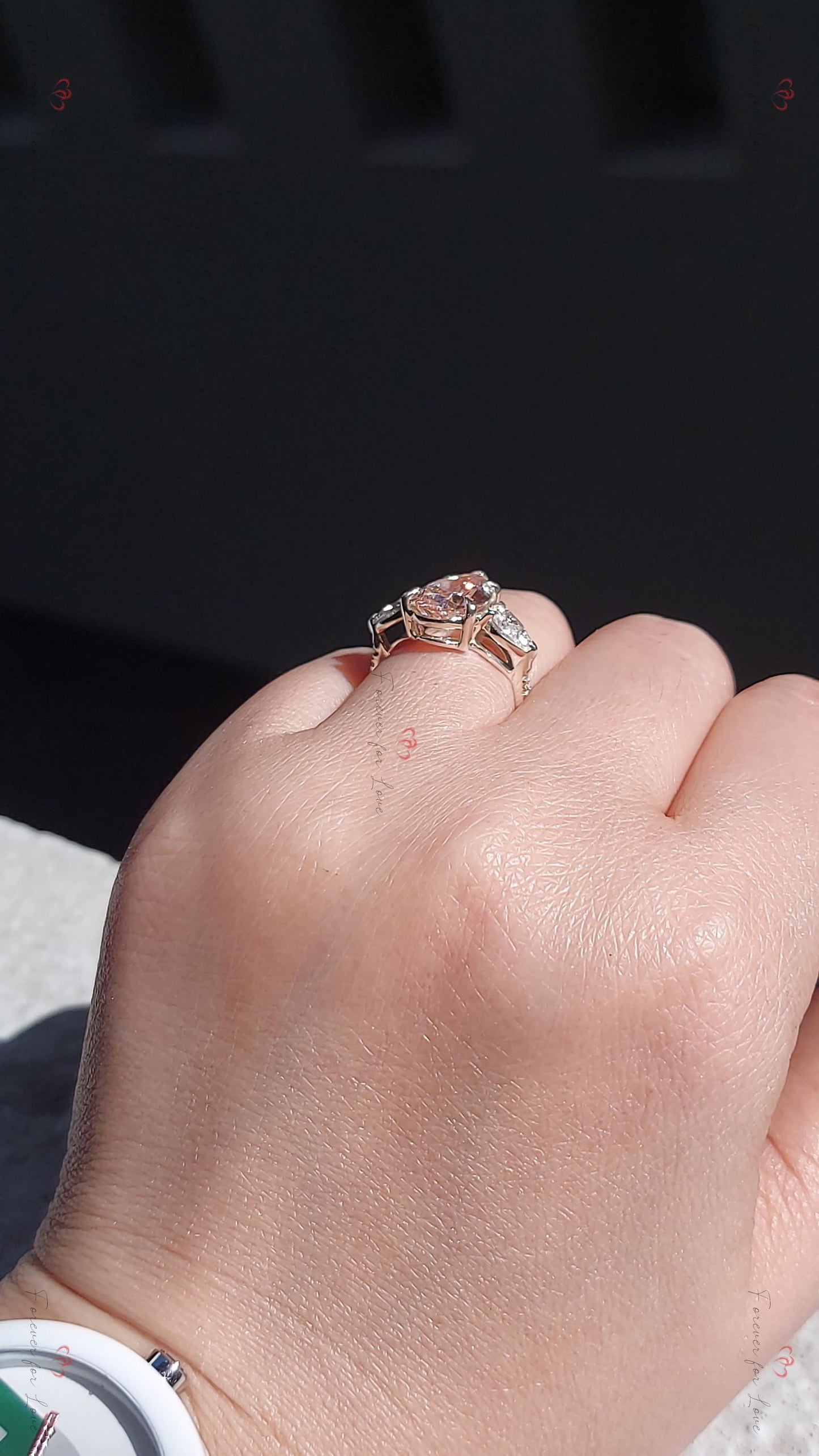 Pear Lab Diamond Three Stone Engagement Ring Pear cut 3 Carat Pink Pear engagement ring in Gold or Platinum — custom handcrafted by Forever For Love