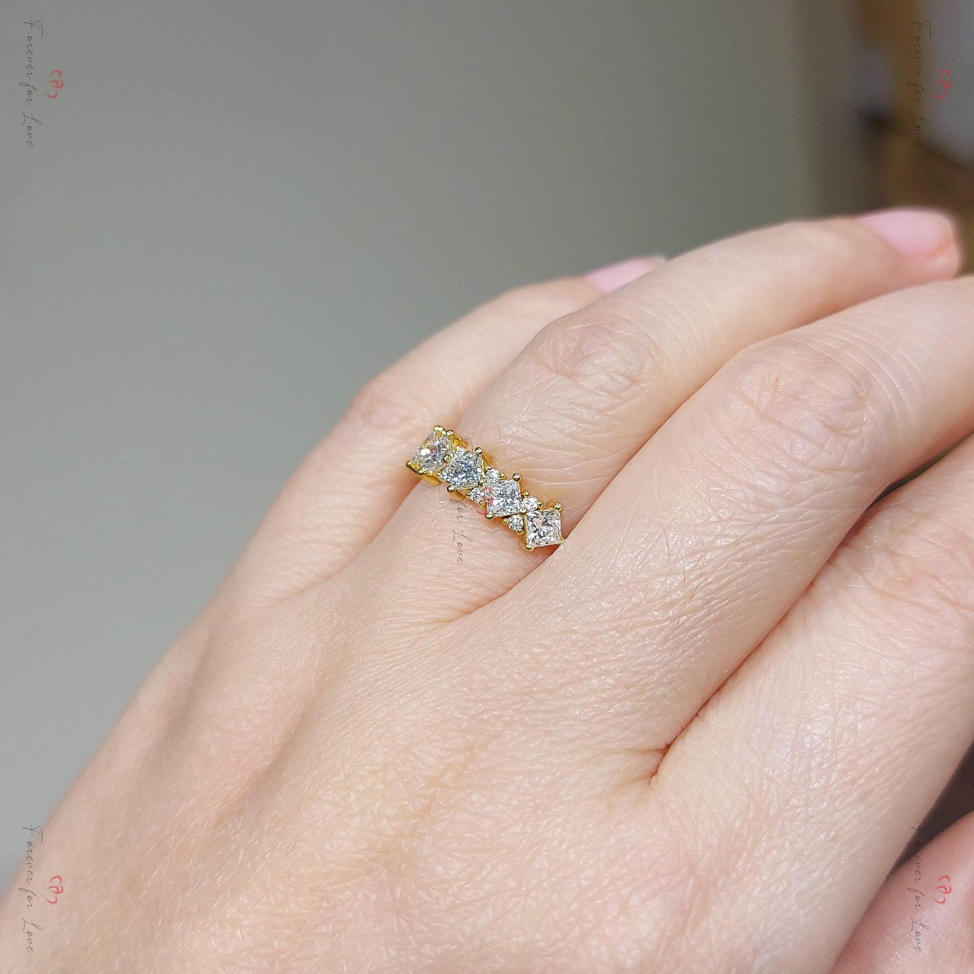 Princess Cut Diamond Half Eternity Ring 3mm 18k 14k natural Wedding Band Pave Setting. Yellow Rose White Gold Platinum certified.