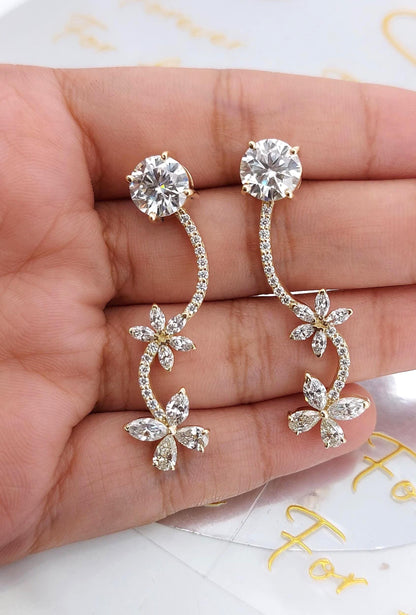 2,5 Karat Gesamt E/VVS2 Blumenranken Diamant Ohrhänger, runder, Marquise- & tropfenförmiger Labor-Diamant, Massivgold, Hängeohrringe, perfektes Geschenk