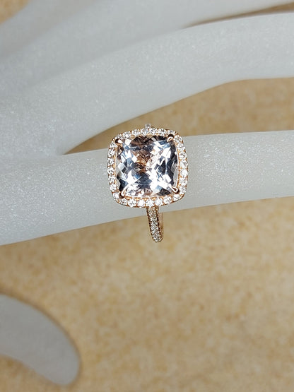 Cushion Cut Halo 4 Ct Morganite and Natural Diamond Engagement Ring, Solid Rose Gold Bridal Women Ring Anniversary Gift.
