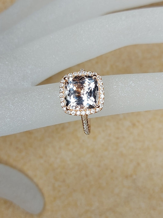 Cushion Cut Halo 4 Ct Morganite and Natural Diamond Engagement Ring, Solid Rose Gold Bridal Women Ring Anniversary Gift.