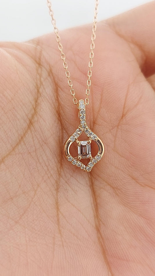 Emerald and Round diamond Necklace, 14k Rose Gold, Dainty Minimalist Pendant, Lab Diamond Womens Necklace, Special Gift For Her.