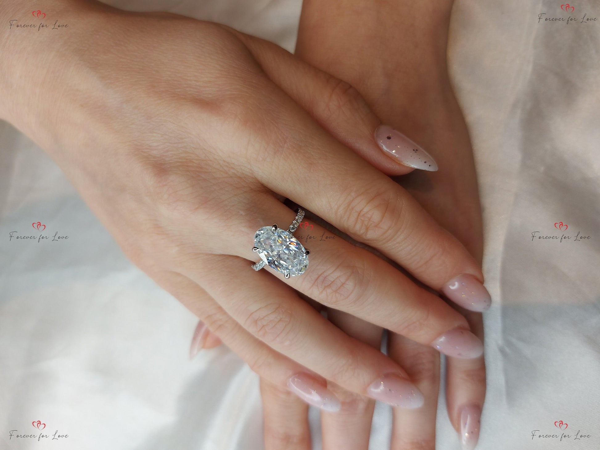 Oval Cut Engagement engagement ring/ 7 Ct Crushed ice Oval 14*9mm Moissanite, diamond hidden halo ring,.