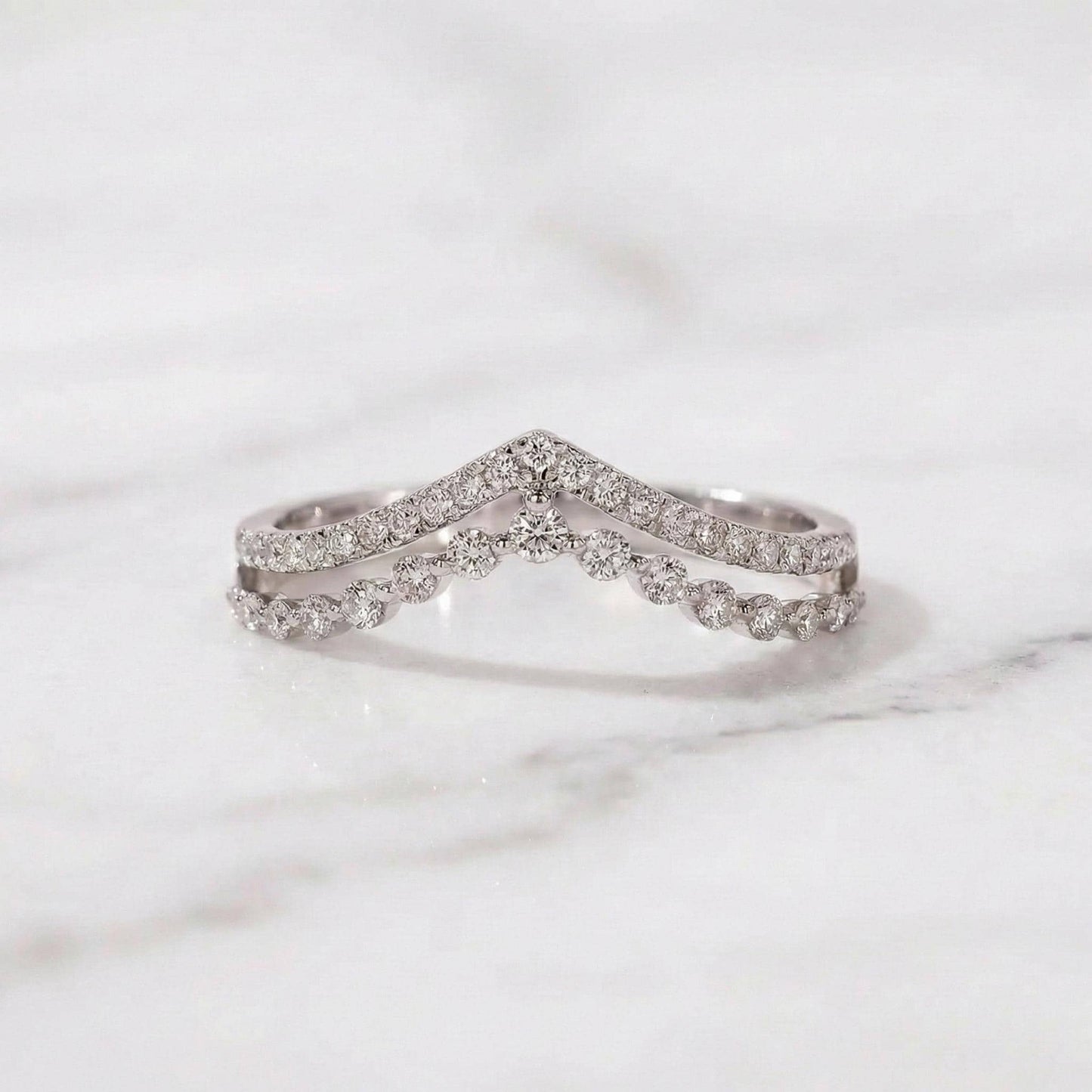 Double Band Wedding Ring Two Row Ring in 14k 18k 10k Solid Gold Pretty Multi Layer Bridal Ring Half Eternity Ring Lab Grown Diamond Ring Round cut 1Ct Moissanite Brilliant Cut engagement ring in 935 Argentium Silver — custom handcrafted by Forever For Love