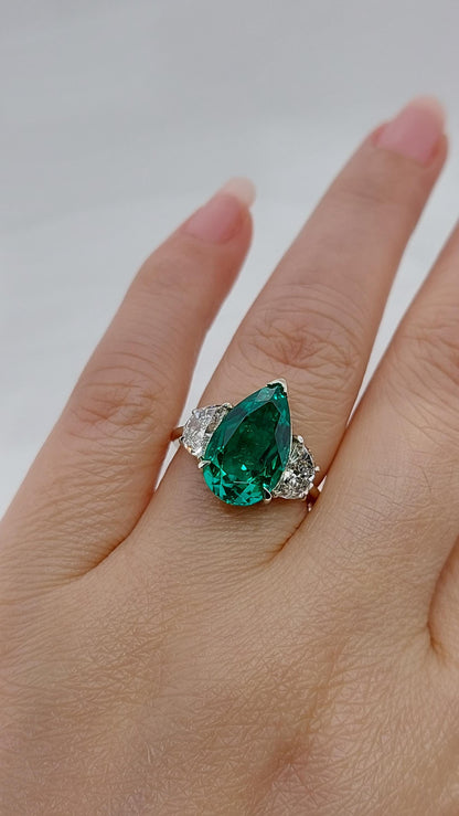 Pear Diamond, Emerald, Moonstone Engagement Ring