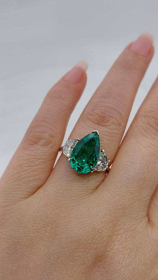 Pear Diamond, Emerald, Moonstone Engagement Ring