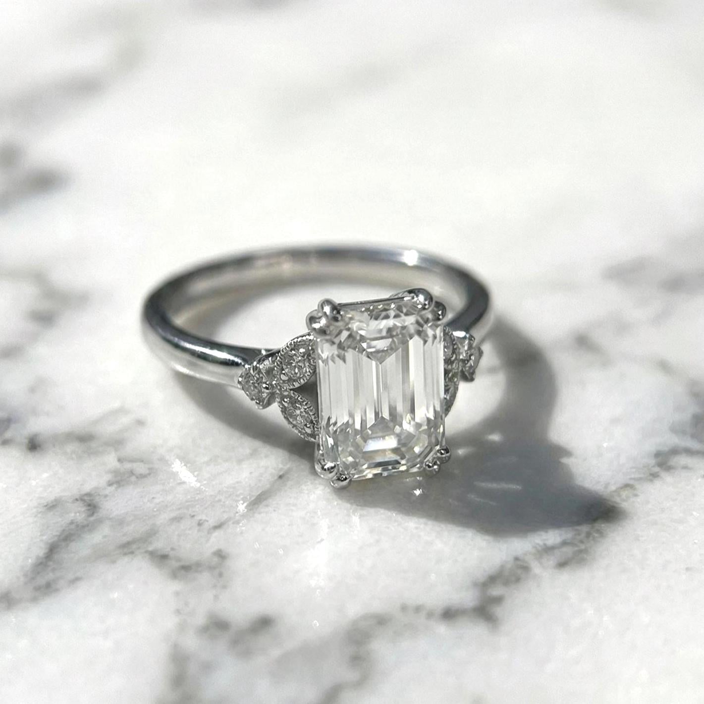 Antique Style 3.10 carat E Color VVS2 Clarity IGI Certified Emerald Cut Lab Grown Diamond Engagement Ring Side Round Diamonds 14k White Gold
