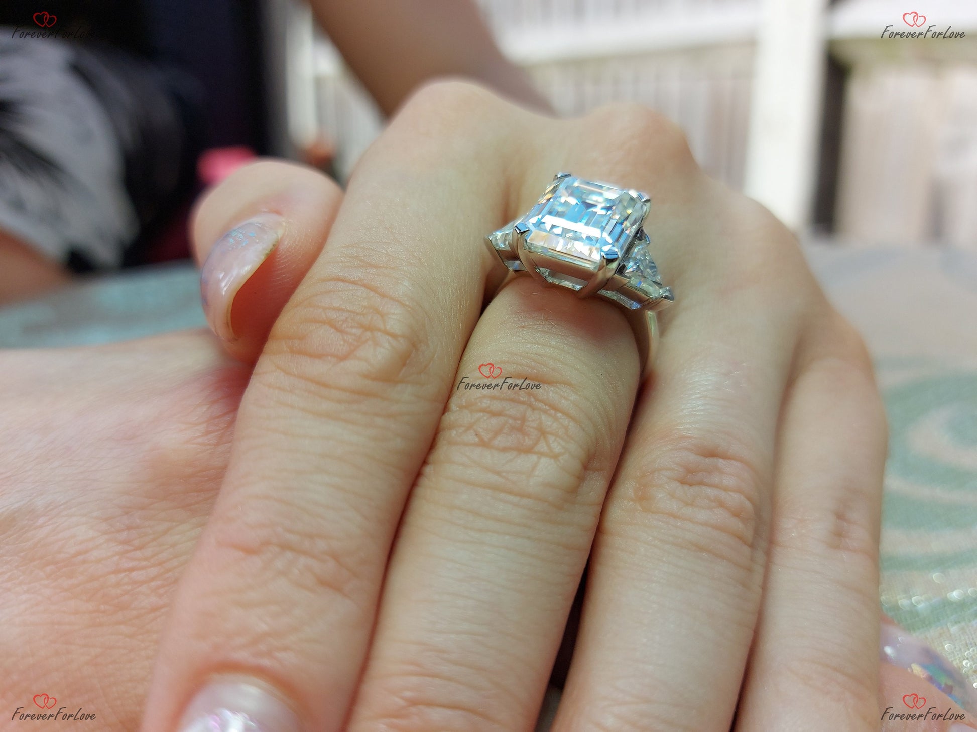 Emerald Moissanite Three Stone Engagement Ring