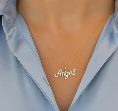 Halskette mit Namen aus 14K massivem Gold, Labor-Diamant mit Lünettenfassung, Gold, Silber, Roségold, personalisiertes Geschenk für sie