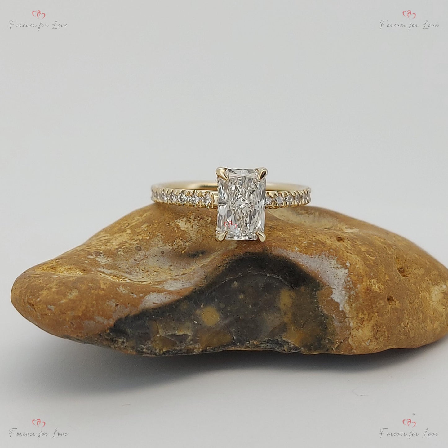 IGI Certified Radiant Lab Diamond, Emerald Hidden Halo Engagement Ring Radiant cut 1Ct Moissanite Brilliant Cut engagement ring in 935 Argentium Silver — custom handcrafted by Forever For Love