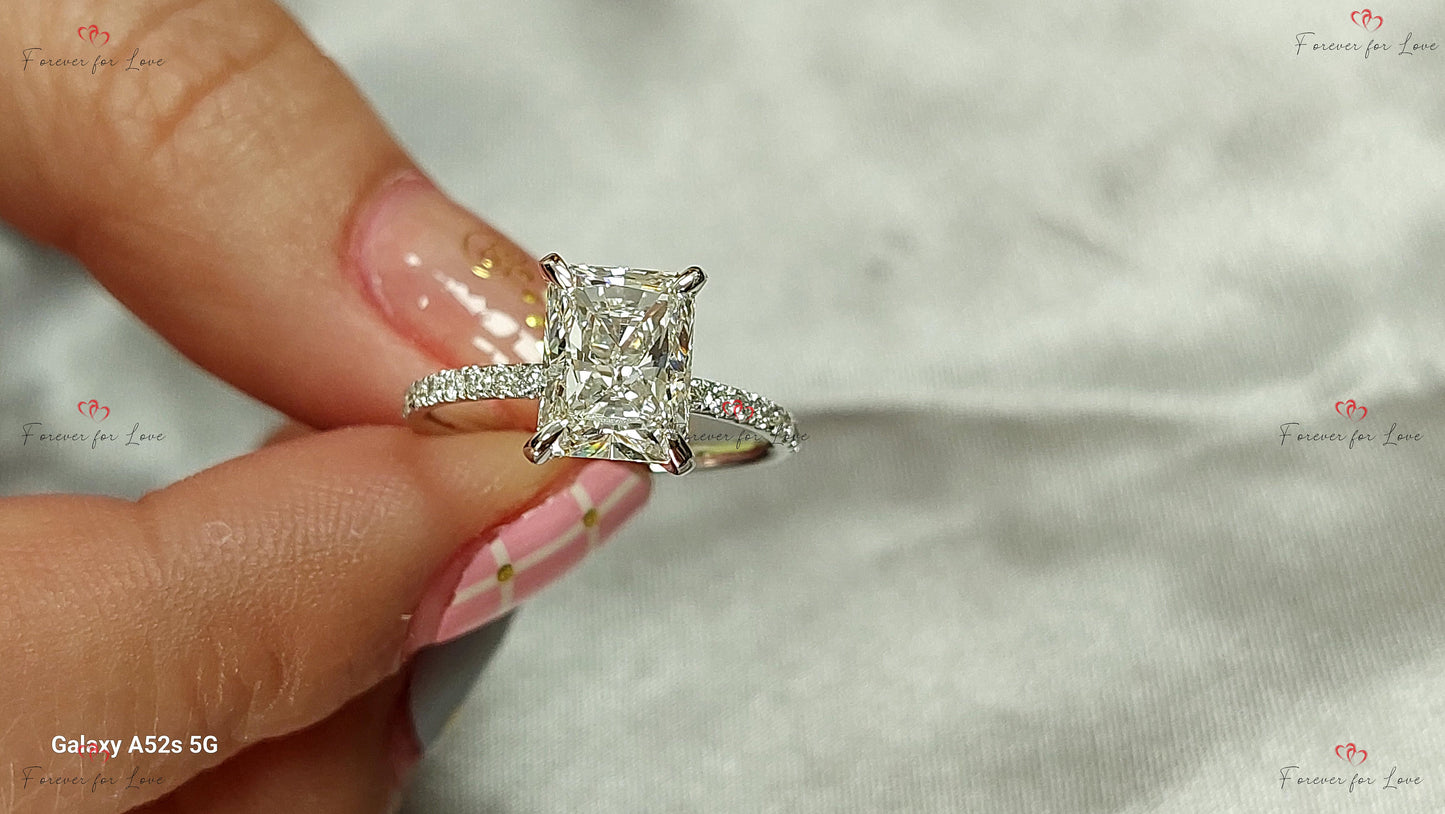 2.5 Ct IGI Certified Radiant Lab Diamond Hidden Halo Engagement Ring Radiant cut 1Ct Moissanite Brilliant Cut engagement ring in 935 Argentium Silver — custom handcrafted by Forever For Love