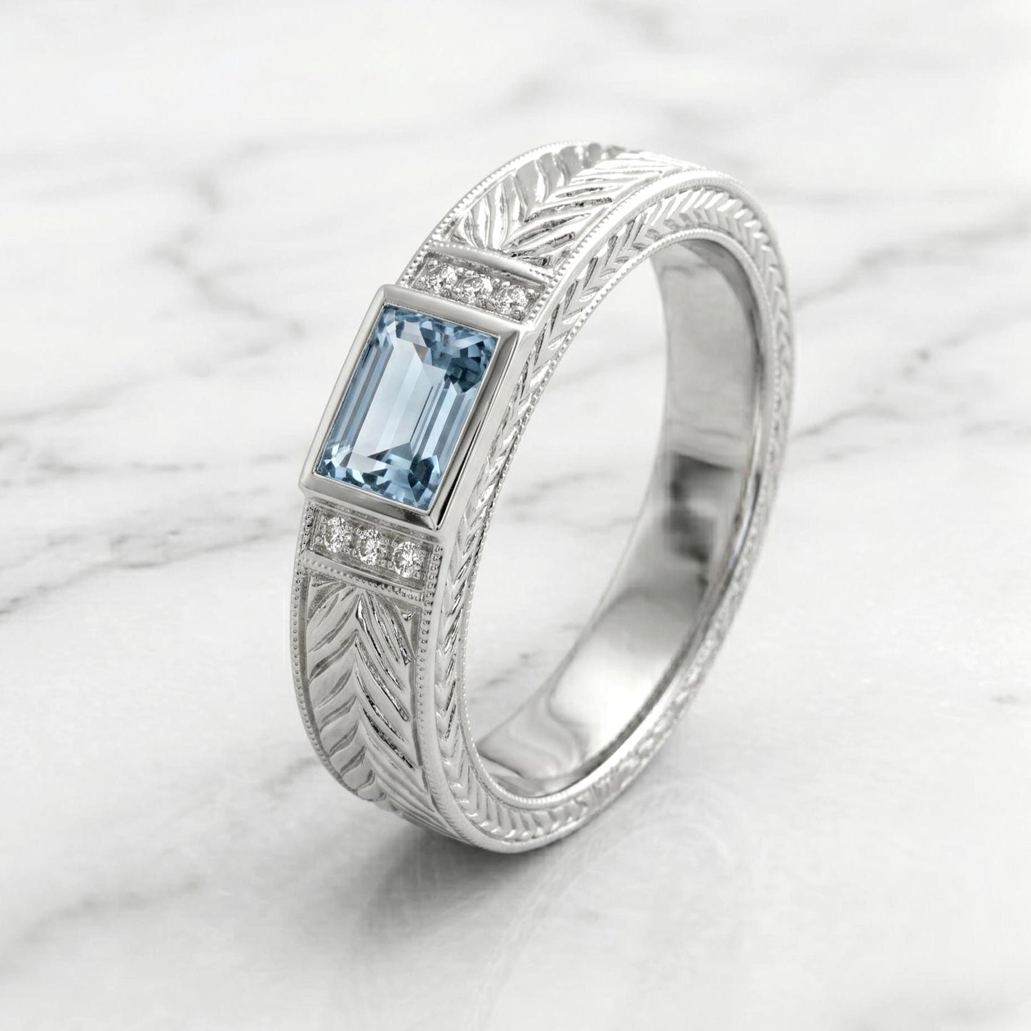 Emerald Aquamarine Wedding Band Emerald cut Natural Aquamarine engagement ring in 935 Argentium Silver — custom handcrafted by Forever For Love