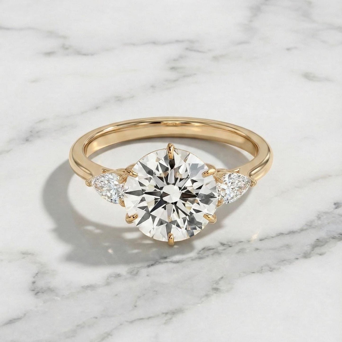 4.5 Ct Pear Lab Diamond Three Stone Ring Pear cut Moissanite engagement ring in Gold or Platinum — custom handcrafted by Forever For Love