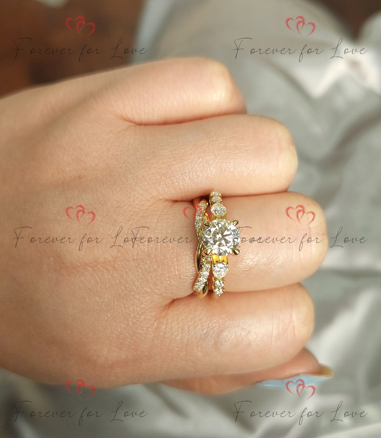 Pear Moissanite Cluster Bridal Ring Pear cut Moissanite Brilliant Cut engagement ring in 935 Argentium Silver — custom handcrafted by Forever For Love