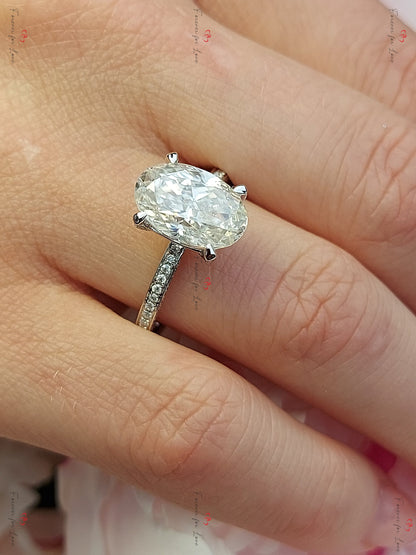 4 Ct Oval Diamond, Moissanite Hidden Halo Engagement Ring