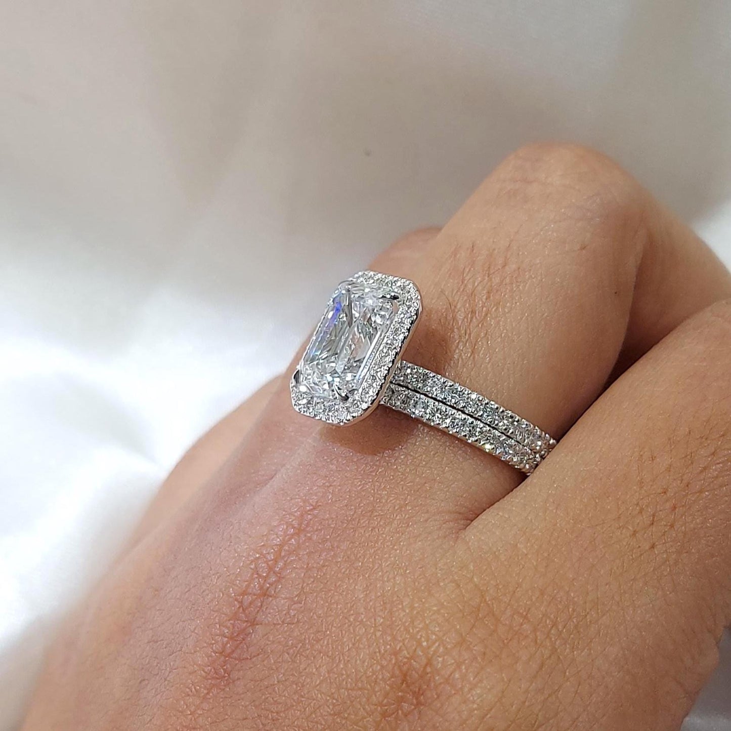 3 Ct IGI Certified Emerald Lab Diamond Halo Bridal Set with Band Emerald cut Moissanite Brilliant Cut engagement ring in 935 Argentium Silver — custom handcrafted by Forever For Love