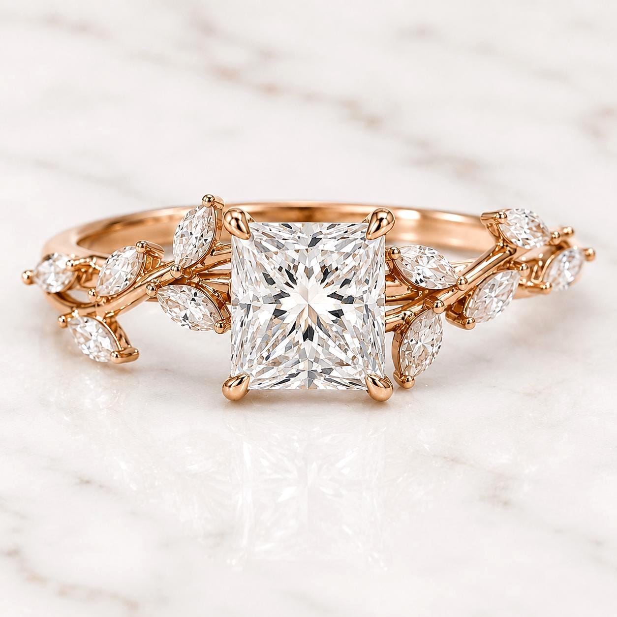 Princess Cut Diamond Nature Inspired Engagement Ring E VVS2 IGI Certified Lab Grown Diamond Ring for Her Unique Anniversary Gift