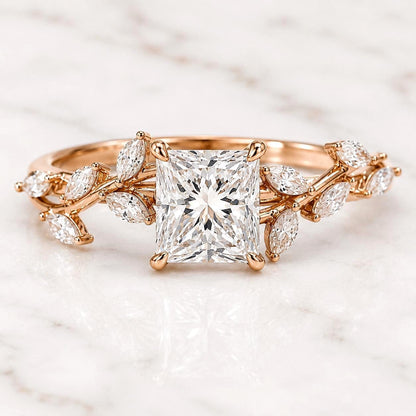 Princess Cut Diamond Nature Inspired Engagement Ring E VVS2 IGI Certified Lab Grown Diamond Ring for Her Unique Anniversary Gift