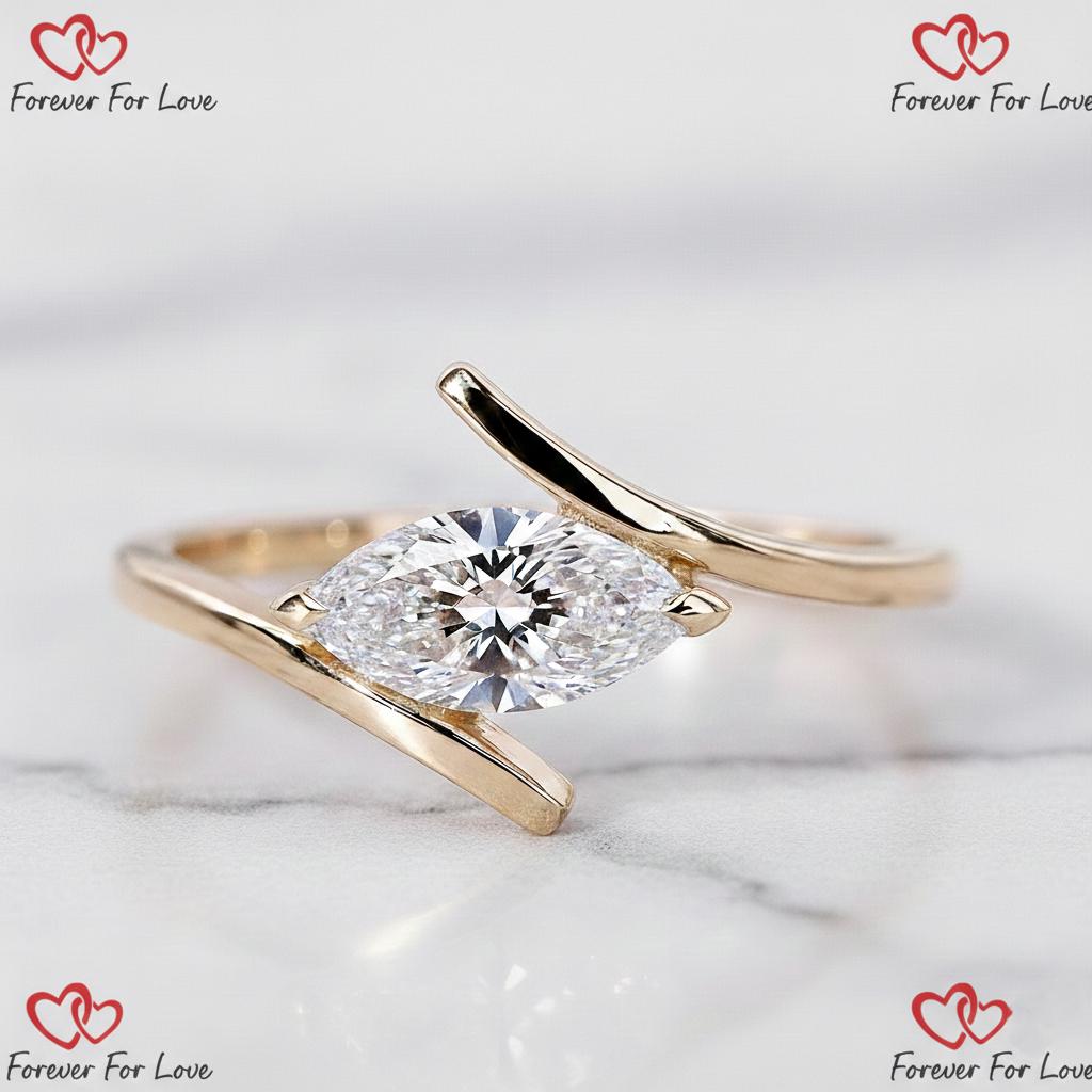 1.5 Ct IGI Certified East-West Marquise Lab Diamond Ring Marquise cut 1Ct Moissanite Brilliant Cut engagement ring in 935 Argentium Silver — custom handcrafted by Forever For Love