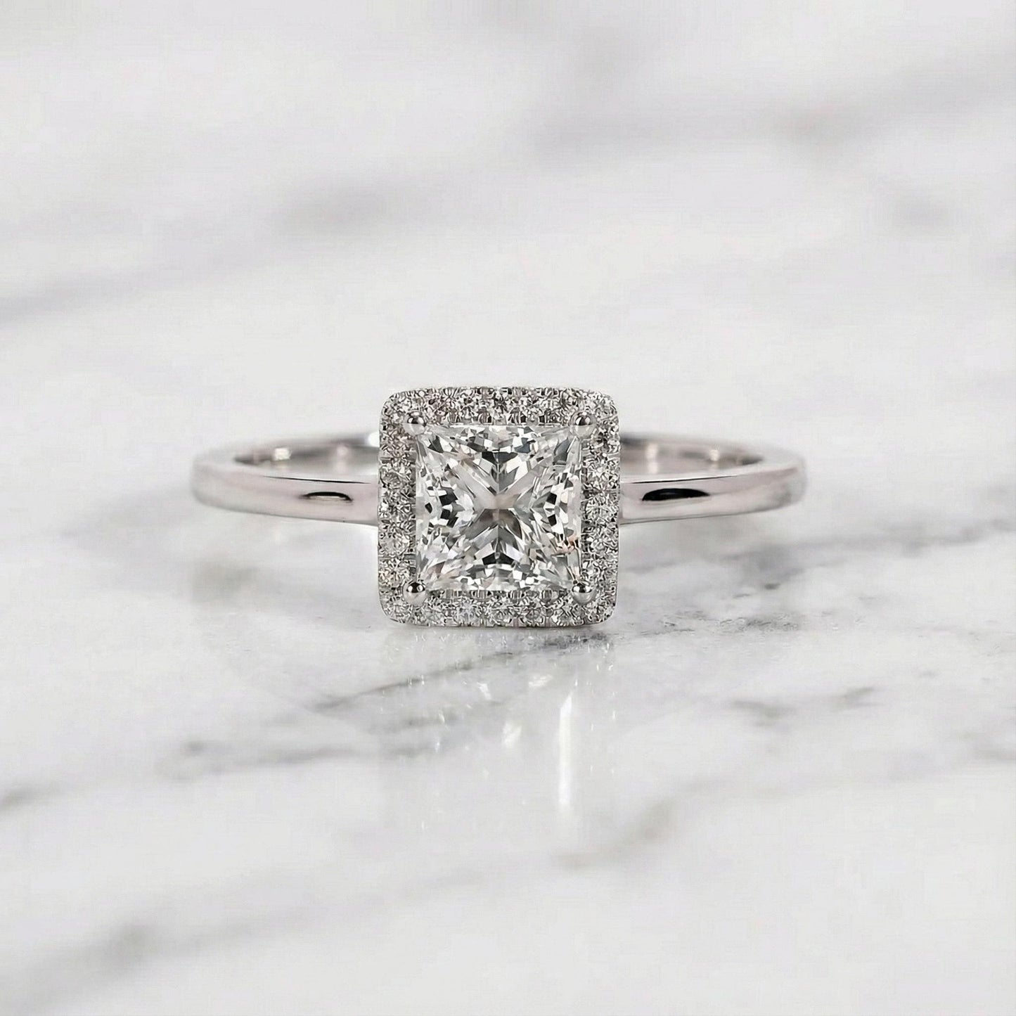 Princess Lab Diamond Halo Engagement Ring Princess cut 1Ct Moissanite Brilliant Cut engagement ring in 935 Argentium Silver — custom handcrafted by Forever For Love
