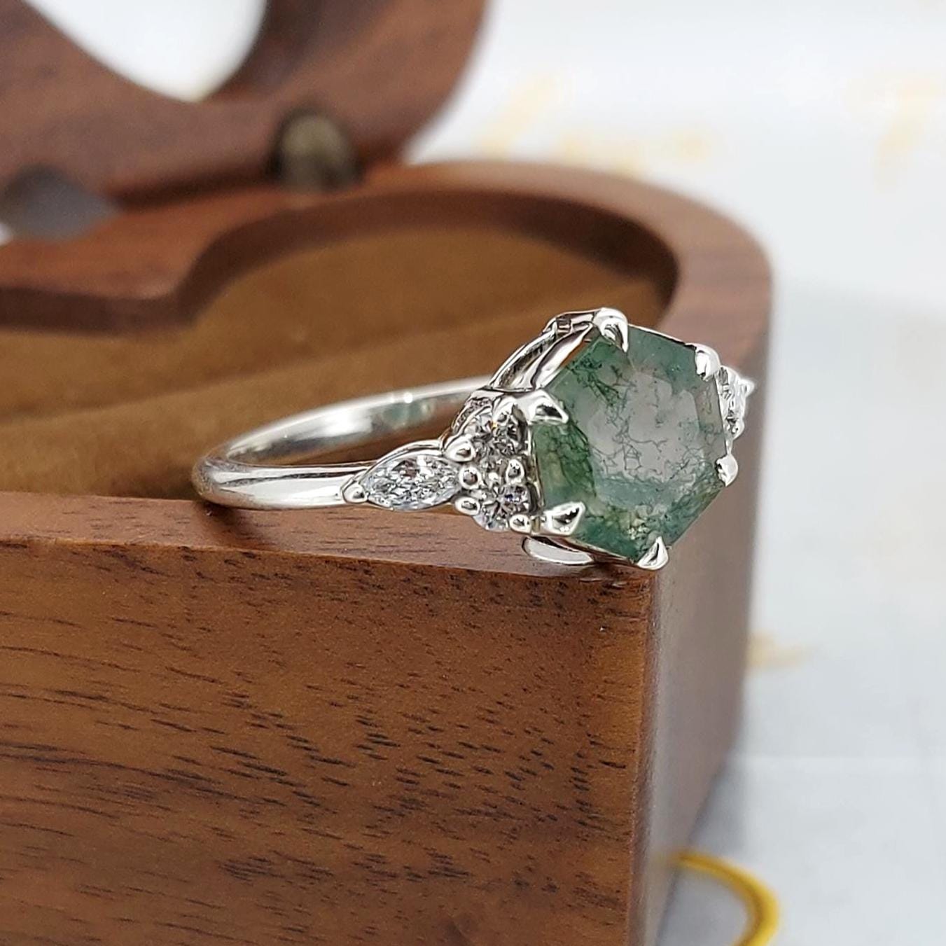 Hexagon Lab Diamond, Moss Agate Engagement Ring Hexagon cut Moissanite engagement ring in Gold or Platinum — custom handcrafted by Forever For Love