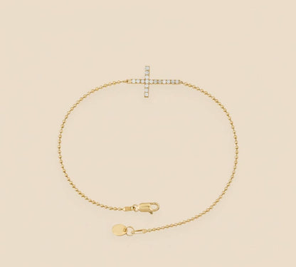 14 Karat Gold Diamantarmband, Kreuzarmband, massive Kugelkette, christlicher Schmuck, massives Gold, zartes Armband, Geschenk für Sie