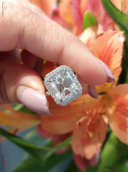 Emerald Cut Double Halo Moissanite Engagement Ring, 4 ct Ring,Pave Diamond Ring, Modern Engagement Anniversary Promise Ring.