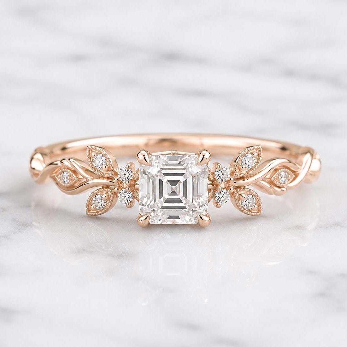 Nature Inspired Asscher Cut Ring E VVS2 IGI Certified Lab Grown Diamond Engagement Ring Engagement Ring Step Cut Diamond Ring Prong Setting
