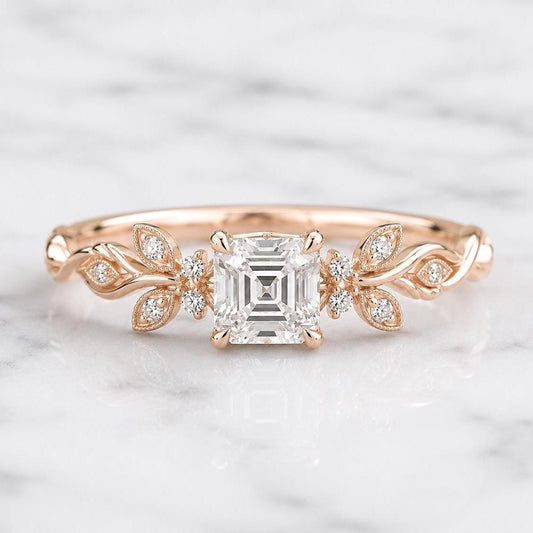 Nature Inspired Asscher Cut Ring E VVS2 IGI Certified Lab Grown Diamond Engagement Ring Engagement Ring Step Cut Diamond Ring Prong Setting