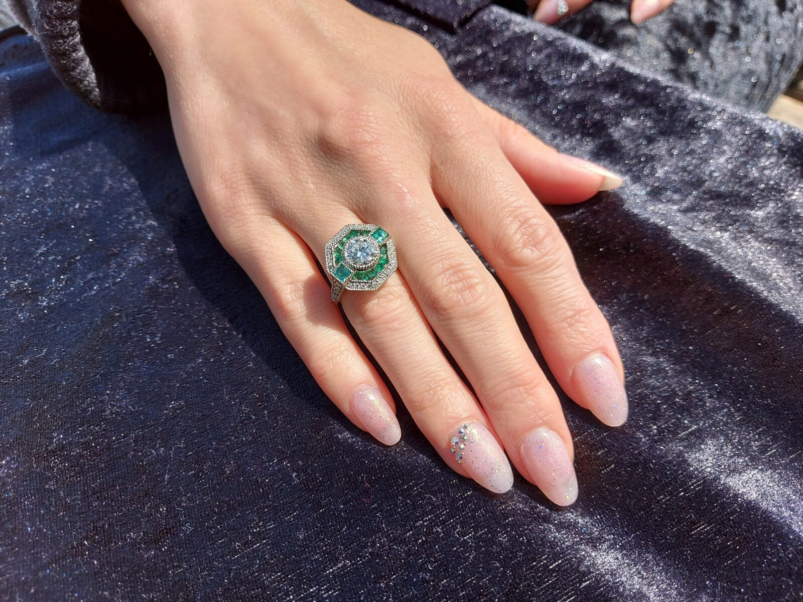 Moissanite, Emerald Halo Engagement Ring