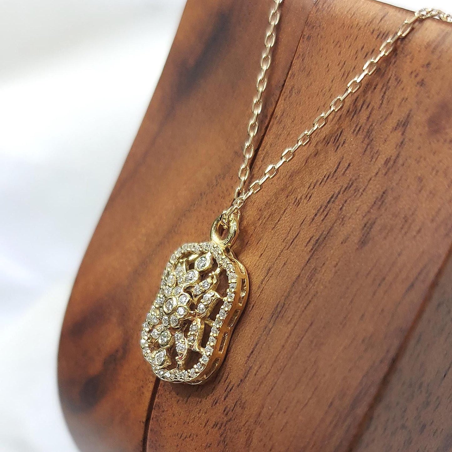Diamond Flower Pendant Necklace, Vintage Style Halo Diamond Necklace, 14K Yellow Gold Floral Diamond Pendant, Gift for Her Moissanite engagement ring in Gold or Platinum — custom handcrafted by Forever For Love