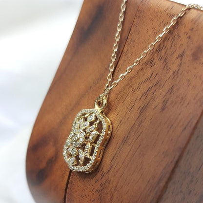 Diamond Flower Pendant Necklace, Vintage Style Halo Diamond Necklace, 14K Yellow Gold Floral Diamond Pendant, Gift for Her