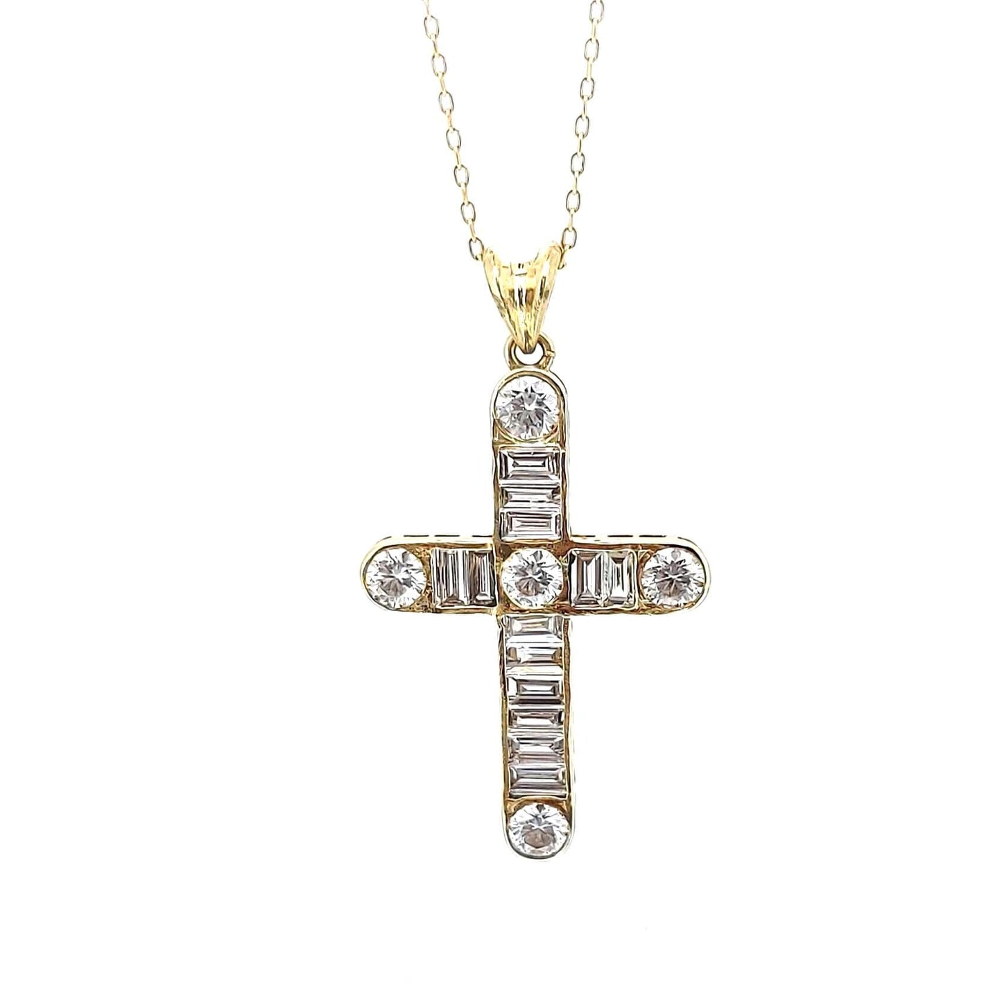 14 Karat Massivgold Baguette- und Rundkreuz-Halskette für Damen, anpassbarer Kreuzanhänger, religiöser Schmuck, christlicher Glaubensanhänger, Geschenk Moissanite engagement ring in Gold or Platinum — custom handcrafted by Forever For Love