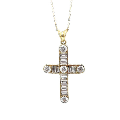 14 Karat Massivgold Baguette- und Rundkreuz-Halskette für Damen, anpassbarer Kreuzanhänger, religiöser Schmuck, christlicher Glaubensanhänger, Geschenk