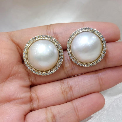 Unique Pearl Stud Earrings, Freshwater Pearl Earrings, Pearl with Diamond Earrings, Everyday Earrings, Bridal Jewelry, Gift for Her