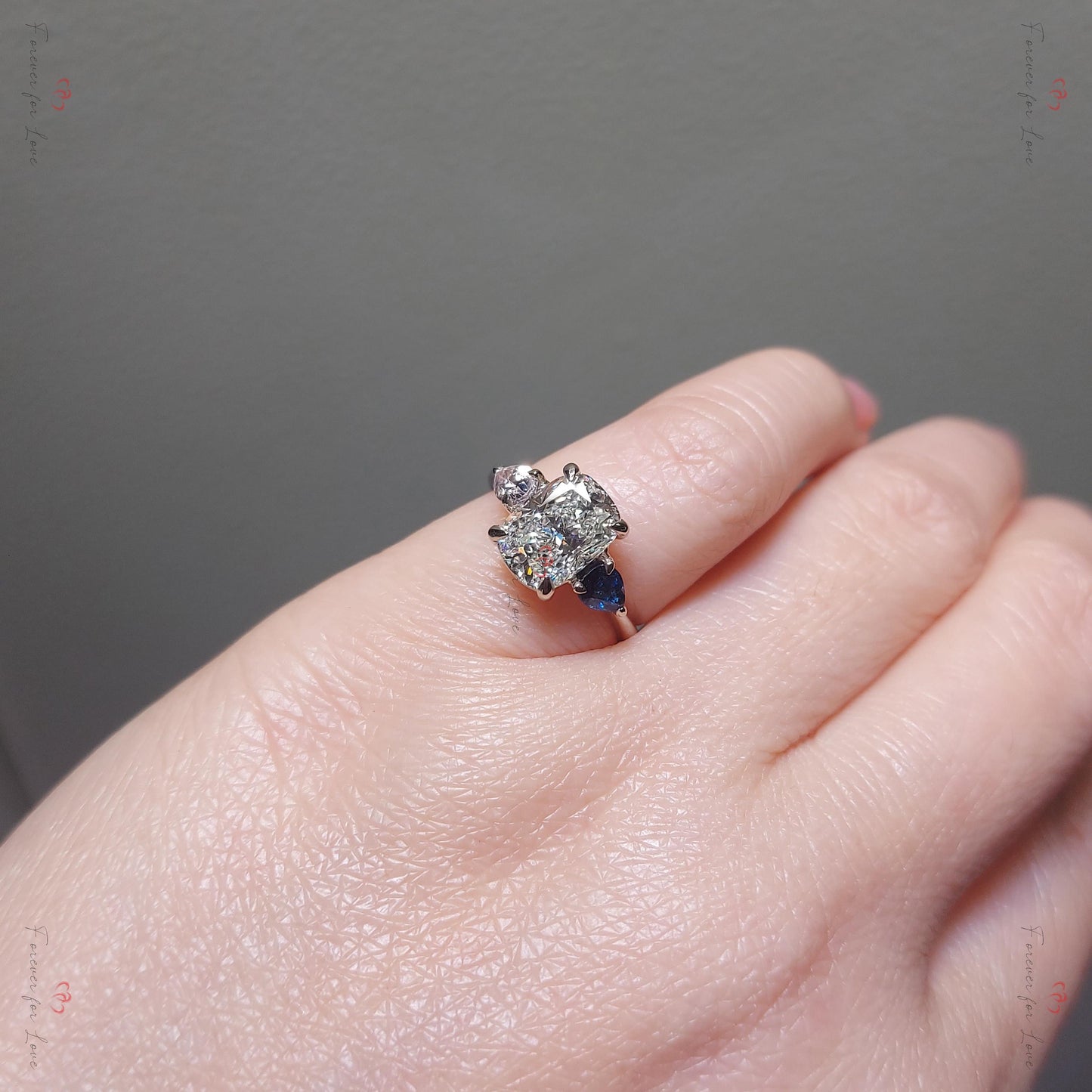 2 Ct Cushion Lab Diamond with Blue Sapphire Hidden Halo Ring Cushion cut 1Ct Moissanite Brilliant Cut engagement ring in 935 Argentium Silver — custom handcrafted by Forever For Love