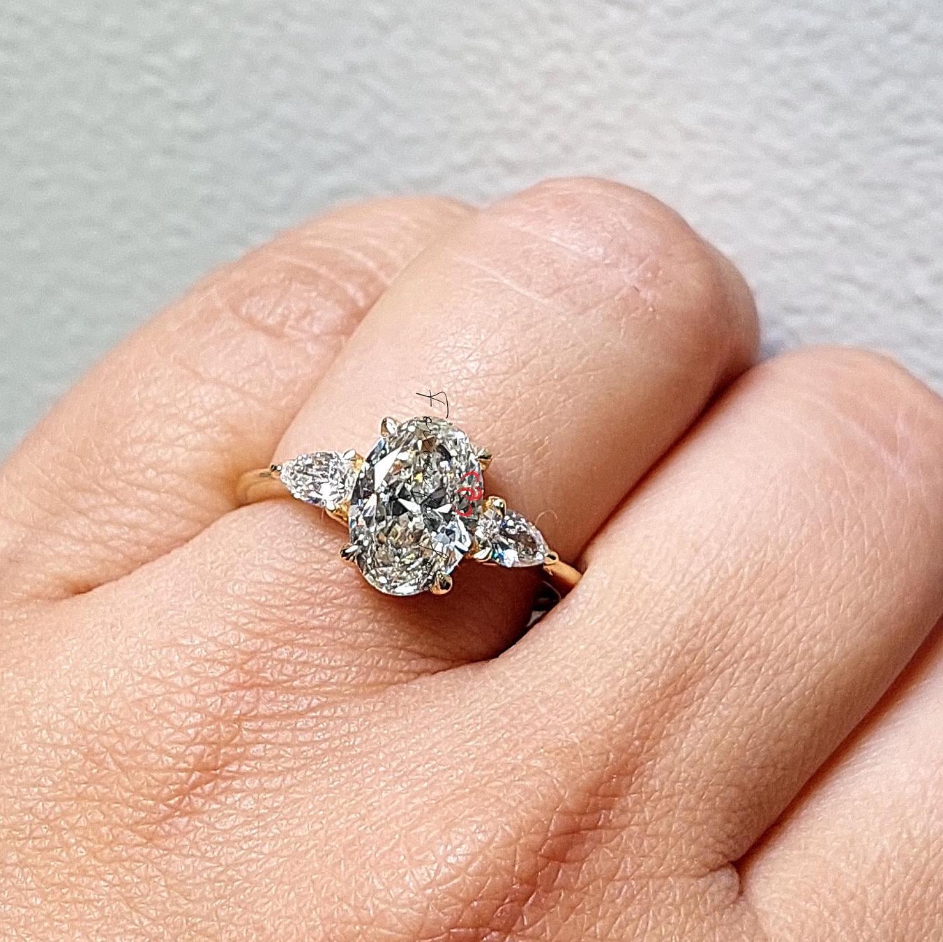 3 Ct Oval Diamond Three Stone Engagement Ring Oval cut Moissanite engagement ring in Gold or Platinum — custom handcrafted by Forever For Love