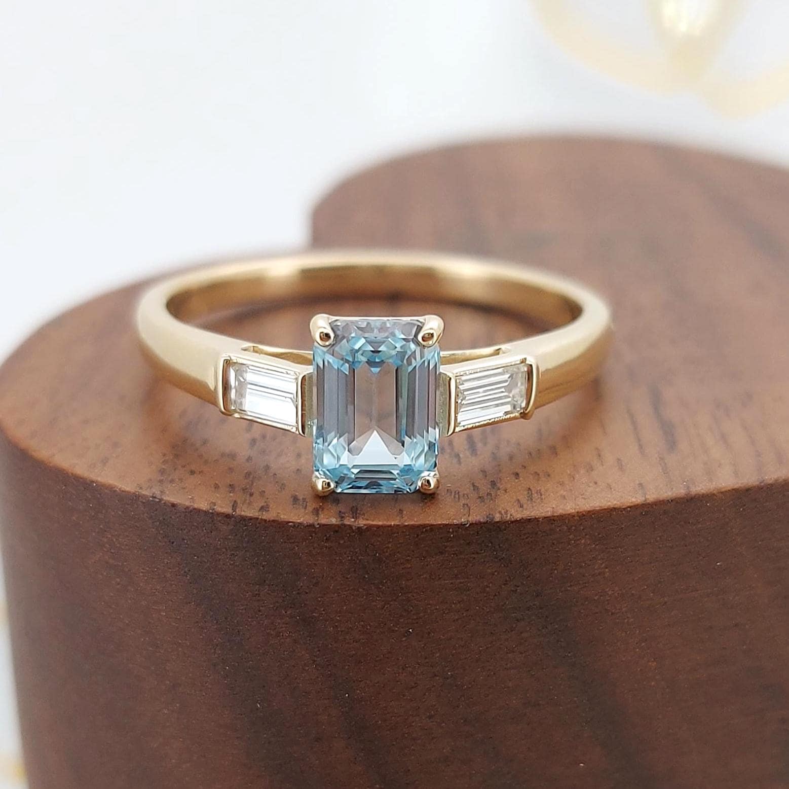 2.4 ct Aquamarine Emerald Ring 14K solid gold Aquamarine Emerald and Lab Diamond Baguette Minimalist Ring, Emerald ring, Gift for her.