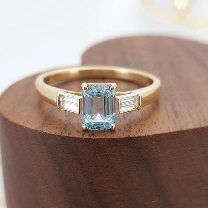 2.4 ct Aquamarine Emerald Ring 14K solid gold Aquamarine Emerald and Lab Diamond Baguette Minimalist Ring, Emerald ring, Gift for her.