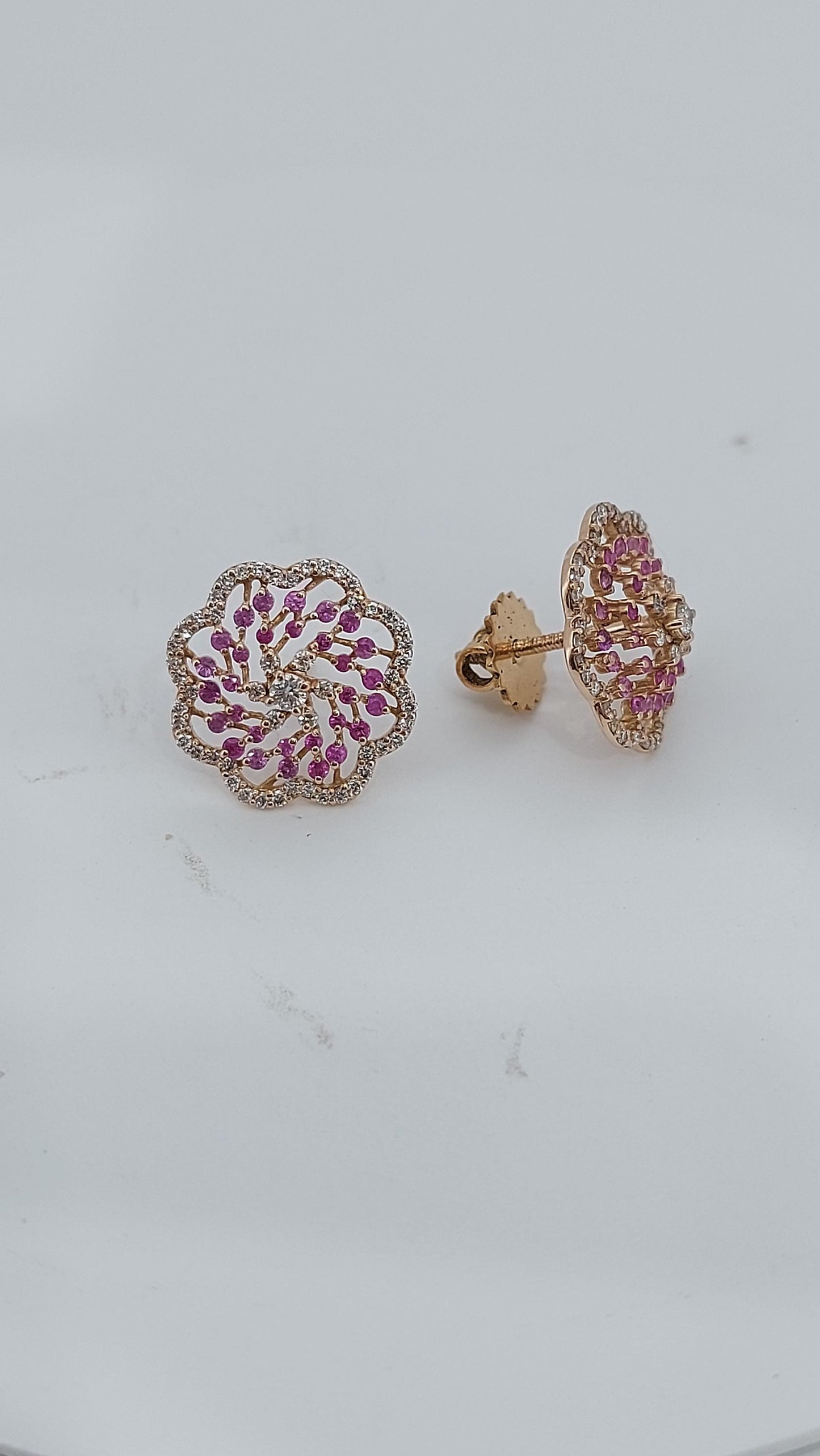 Pink sapphire and diamond stud earrings for mom, mothers day gift. Nature inspired gift for mom. One of a kind earring Moissanite engagement ring in Gold or Platinum — custom handcrafted by Forever For Love