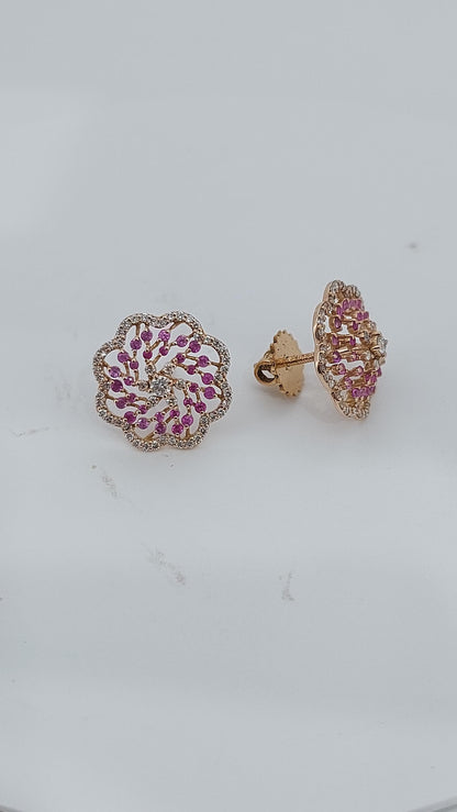 Pink sapphire and diamond stud earrings for mom, mothers day gift. Nature inspired gift for mom. One of a kind earring