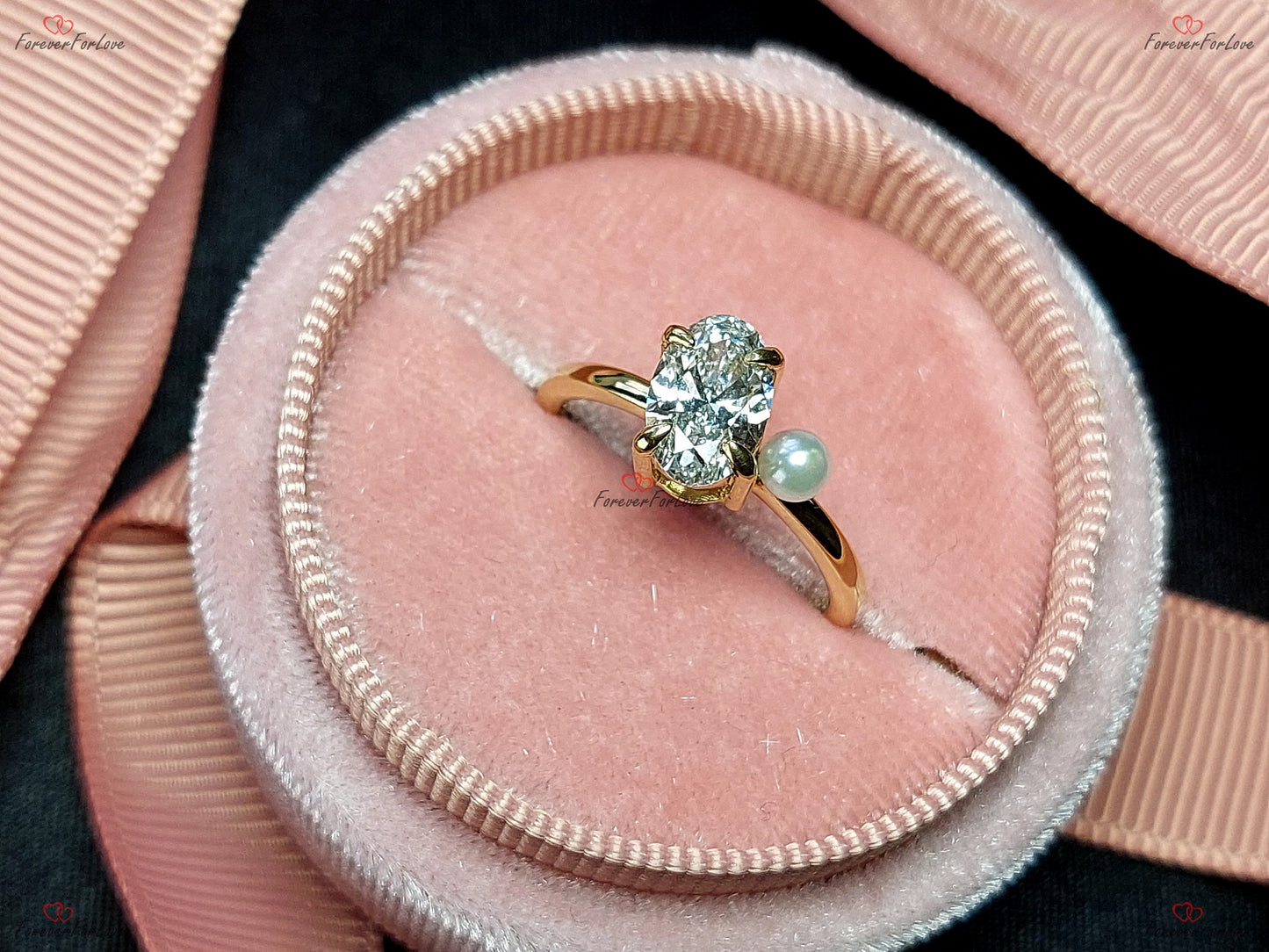 1 Karat IGI-zertifizierter ovaler Labor-Diamant- & Perlen-Verlobungsring Oval cut Moissanite engagement ring in 935 Argentium Silber — custom handcrafted by Forever For Love